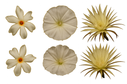 Botanical Beauty: Six assorted, pristine white flowers display their delicate details, showcasing diverse petals and intricate structures, offering a glimpse into the beauty of the botanical world.