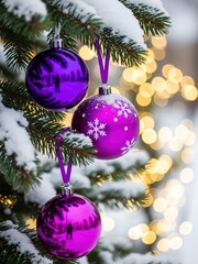 &ldquo;Purple Christmas Ornaments on Snow-Covered Tree Branch &ndash; Elegant Holiday Decoration&rdquo;