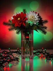 Festive Red and White Flower Bouquet in Glass Vase with Holiday Lights
