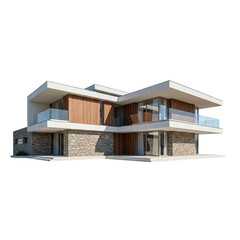 Modern twostory house with flat roof and stone facade isolated on transparent background architecture design