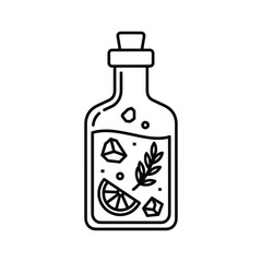 Bottled Drink with Lemon, Herb, and Ice Cubes Outline Icon