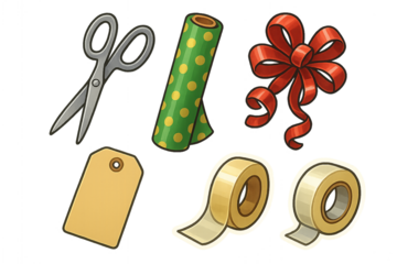 Gift Wrapping Essentials: A collection of gift wrapping essentials, including scissors, wrapping paper, ribbon, tag, and tape, arranged for creating memorable presents for all occasion