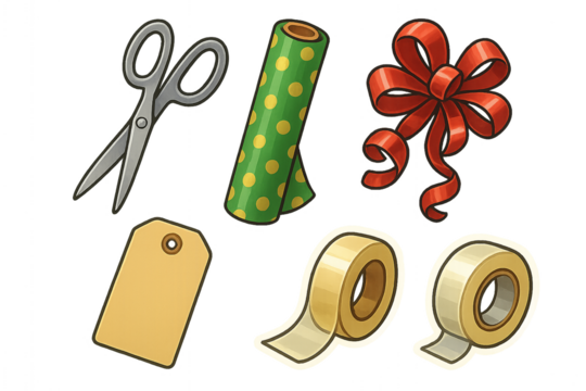 Gift Wrapping Essentials: A collection of gift wrapping essentials, including scissors, wrapping paper, ribbon, tag, and tape, arranged for creating memorable presents for all occasion