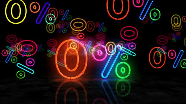Zero percent sale discount neon glowing symbol. Light color bulbs. 0 promotion offer abstract concept 3d animation.