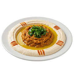 Plate of spicy hummus dip with olive oil and parsley
