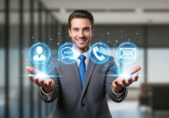 Handsome businessman offering comprehensive customer support with digital contact options in modern office, demonstrating excellent online communication and virtual assistance