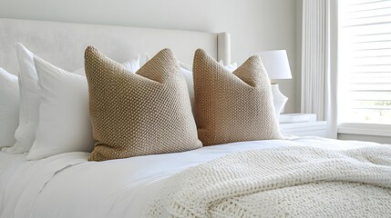 Upscale bedroom interior features layered bedding with textured accent cushions against a light headboard