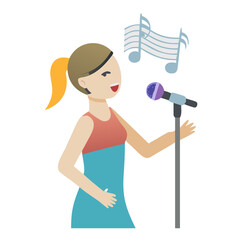 Woman singing into a microphone with musical notes above