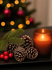 Warm Christmas Candle Decoration with Pinecones and Holiday Lights