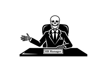 Humorous skeleton HR Manager in suit gesturing at desk offering career advice or representing corporate culture issues like burnout, layoffs, or end-of-year performance reviews