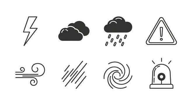 Prepare for severe weather with these essential weather icons showcasing lightning, clouds, rain, wind, hail, hurricane, and a warning siren - perfect for emergency alerts - Powered by Adobe