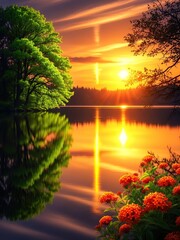 Stunning Sunset Lake Landscape with Vibrant Flowers and Reflections