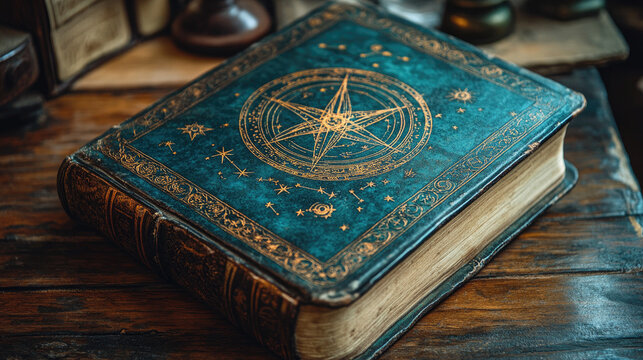 Vintage mystical journal with astrology symbols on cover, esoteric book concept with cosmic and celestial design, magical atmosphere, copy space