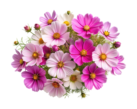 A vibrant bouquet of Cosmos flowers in varying shades of pink and white