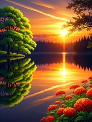 Stunning Sunset Lake Landscape with Vibrant Flowers and Reflections
