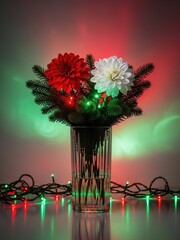 Festive Red and White Flower Bouquet in Glass Vase with Holiday Lights
