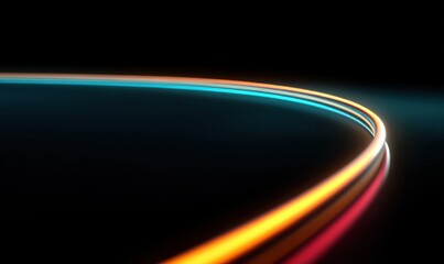 Colorful neon light trails arc across a dark background.
