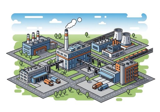 Isometric factory complex showcasing sustainable industrial production and logistics, a modern industrial landscape for environmental reports and infrastructure projects