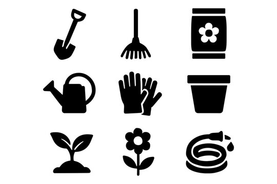 Silhouette garden tools and plants icon set for horticulture and gardening enthusiasts