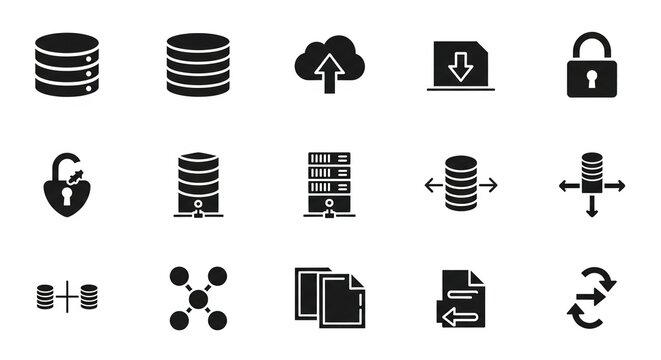 Essential digital data and cloud computing icons providing secure network solutions, robust database management, and seamless file transfer for modern technology projects.
