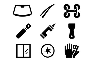 Fototapeta premium Car repair icons: windshield, wipers, tools, glue, putty knife, mechanic gloves, and parts