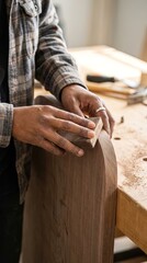 Obraz premium A skilled craftsperson meticulously smooths the edge of a wooden furniture piece, their hands and tools at the center of the action.