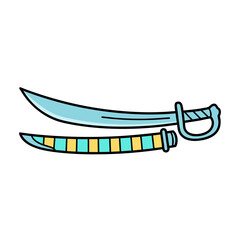A Hand Drawn Style Cutlass Sword and Sheath Featuring Cyan Blue and Yellow Striped Details on a Black Background Simple Flat Vector Art Illustration