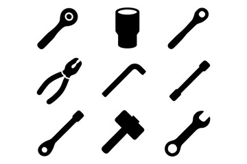 Obraz premium Silhouette tool set: wrench, hammer, pliers, and more in black