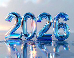 The text 2026 formed from metallic-infused 3D glass, reflecting cool chrome tones