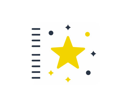 A Stylized Flat Vector Art Illustration of a Notebook Featuring a Large Yellow Star and Festive Confetti Elements on a Clean White Background Perfect for Sticker Design or Graphic Elements