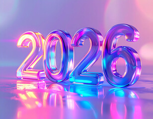 The text 2026 crafted from translucent 3D glass, glowing with vibrant modern colors.