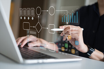 Professional entrepreneur businessman workflow process project management planning strategy system data analysis marketing flowchart algorithm laptop business concept