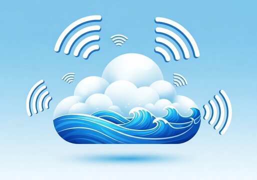 Dynamic cloud computing concept with ocean waves and wifi signals symbolizing modern data transfer and digital connectivity for innovative tech solutions, vibrant blue