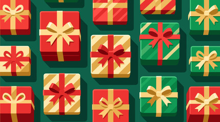 Colorful gift boxes arranged in a festive pattern on green background  