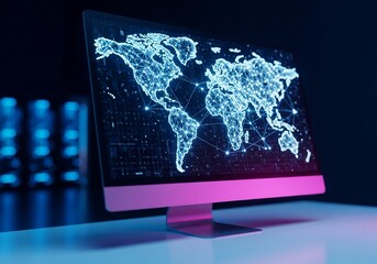 Connected world map on modern computer screen showing global network connections for business solutions and technology innovations, creating a futuristic digital experience
