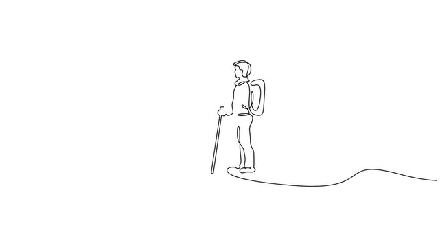 Continuous one-line drawing of a hiker animation. Minimalist style illustrates a person with a backpack and walking stick engaging