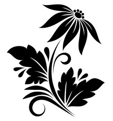 Decorative floral silhouette with a single flower, swirls, and leaves on a white isolated background. Abstract small floral pattern for design.