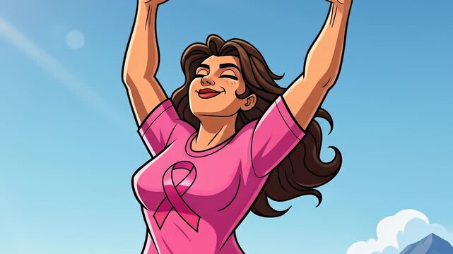 Woman with pink ribbon shirt celebrating success.