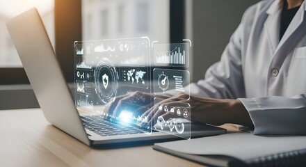 Doctor working on laptop with futuristic interface healthcare technology and innovation concept