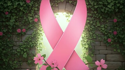 Pink Ribbon Symbolizing Breast Cancer Awareness in a Garden Setting.