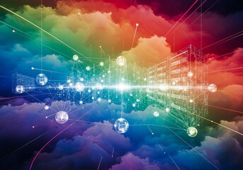 Dynamic data center visualization with glowing cloud network, perfect for modern tech companies and innovative cloud solutions offering seamless connectivity and digital transformation