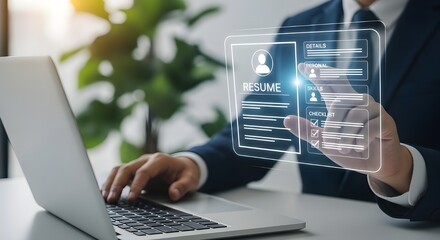 Businessman analyzing digital hr data on laptop for recruitment and talent management