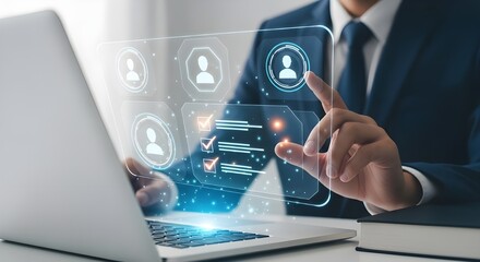 Businessman interacting with digital interface for recruitment and talent acquisition process