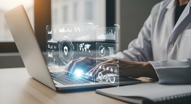 Doctor working on laptop with futuristic interface healthcare technology and innovation concept