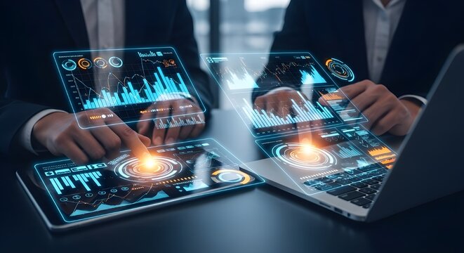 Businessmen analyzing data with holographic displays for strategic decision making