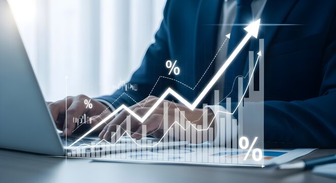 Businessman analyzing financial data with laptop and growth chart overlay