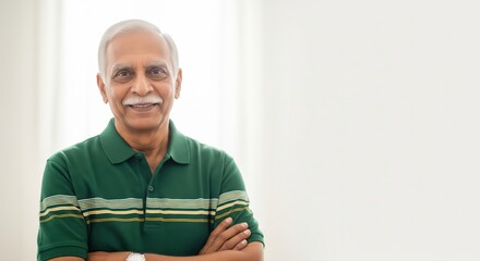 An elderly man with silver hair and a mustache stands confidently against a soft white background