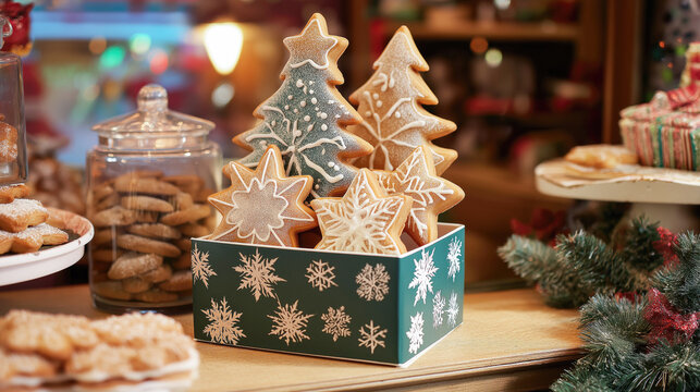 Box is filled with beautifully iced star and Christmas tree-shaped gingerbread cookies on display of bakery or sweet shop. Ideal for concepts of holiday treats, gifting, Christmas display