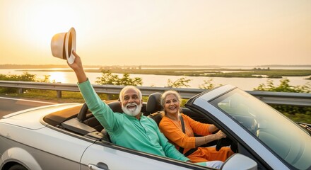 A cheerful senior couple enjoys a carefree sunset road trip in a convertible, sharing laughter and love