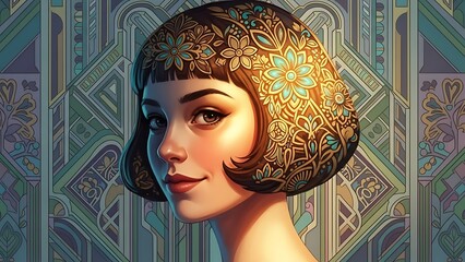 Art Deco portrait of a beautiful young woman with bob haircut adorned with intricate floral patterns and geometric background
